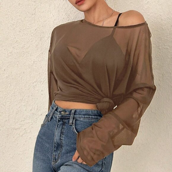 Brown Boho Women's Solid Color Loose Fit Long Sleeve Round Neck Lightwei… - Picture 4 of 4